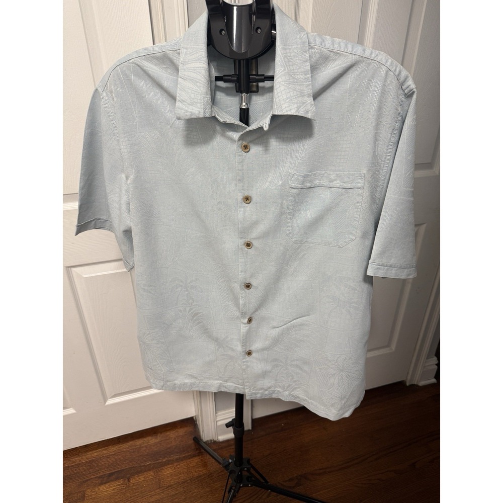 Jamaica Jax 100% Silk Light Blue Tropical Patterned Shirt Island Style Size L